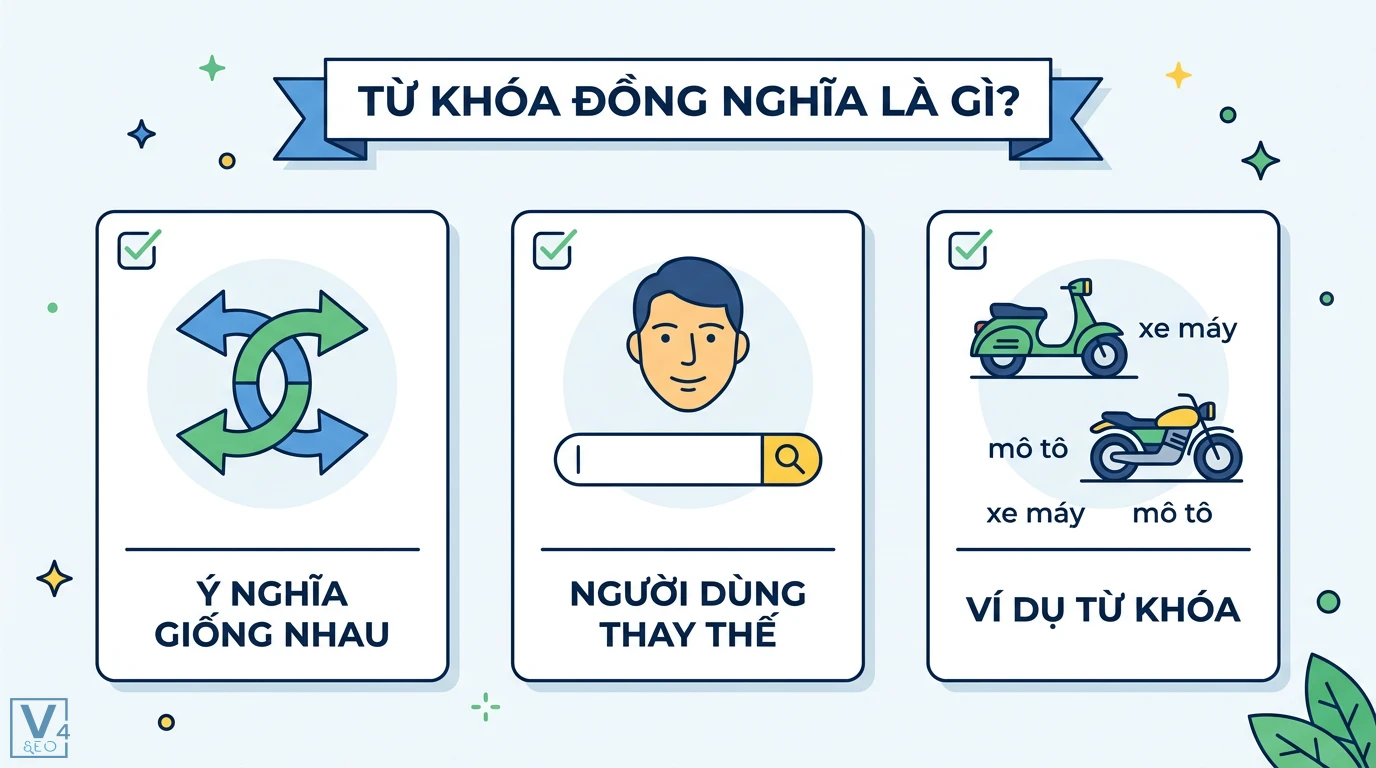 Từ khóa đồng nghĩa là gì? Phân biệt với LSI để tối ưu SEO 1 Từ khóa đồng nghĩa có ý nghĩa giống nhau và được người dùng thay thế linh hoạt khi tìm kiếm với ví dụ thực tế giữa từ xe máy và mô tô