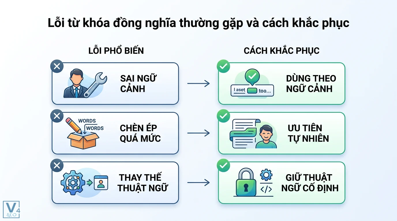 Từ khóa đồng nghĩa là gì? Phân biệt với LSI để tối ưu SEO 3 Khắc phục lỗi từ khóa đồng nghĩa sai ngữ cảnh và chèn ép quá mức bằng cách dùng từ tự nhiên và giữ nguyên thuật ngữ kỹ thuật cố định