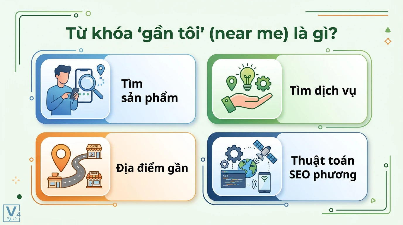Từ khóa 'gần tôi' là gì? Bí quyết tối ưu Local SEO và Google Maps 1 Từ khóa gần tôi (near me) hỗ trợ tìm sản phẩm, dịch vụ, địa điểm lân cận và cơ chế hoạt động của thuật toán SEO địa phương dựa trên vị trí