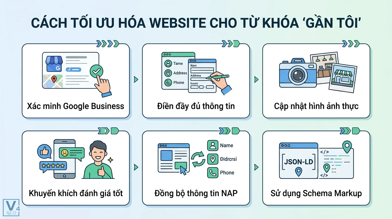 Từ khóa 'gần tôi' là gì? Bí quyết tối ưu Local SEO và Google Maps 2 Cách tối ưu hóa website cho từ khóa gần tôi gồm xác minh Google Business, đồng bộ NAP, ảnh thực tế, đánh giá và dùng Schema Markup