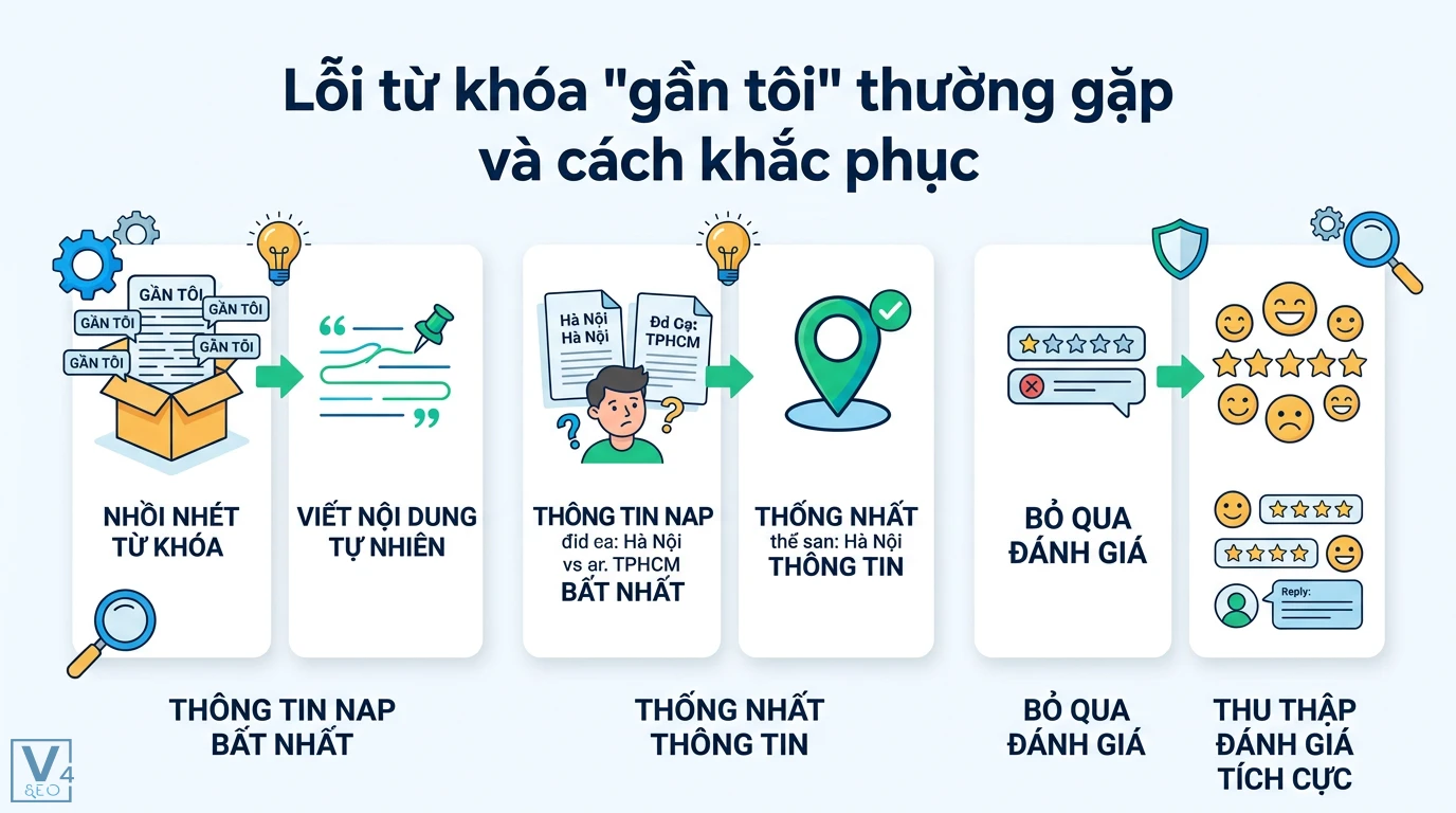 Từ khóa 'gần tôi' là gì? Bí quyết tối ưu Local SEO và Google Maps 3 Khắc phục lỗi nhồi nhét từ khóa gần tôi, đồng nhất thông tin NAP và thu thập đánh giá khách hàng để tối ưu hóa hiển thị Local SEO