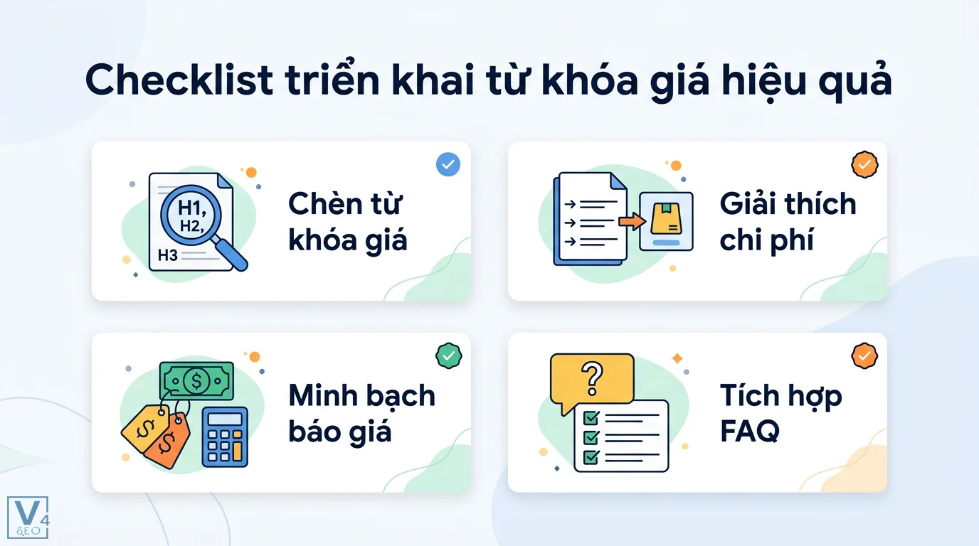 Từ khóa giá là gì? Cách dùng từ khóa báo giá để tăng chuyển đổi 3 Checklist triển khai từ khóa giá hiệu quả gồm chèn từ khóa vào heading, giải thích chi phí, minh bạch báo giá và tích hợp FAQ