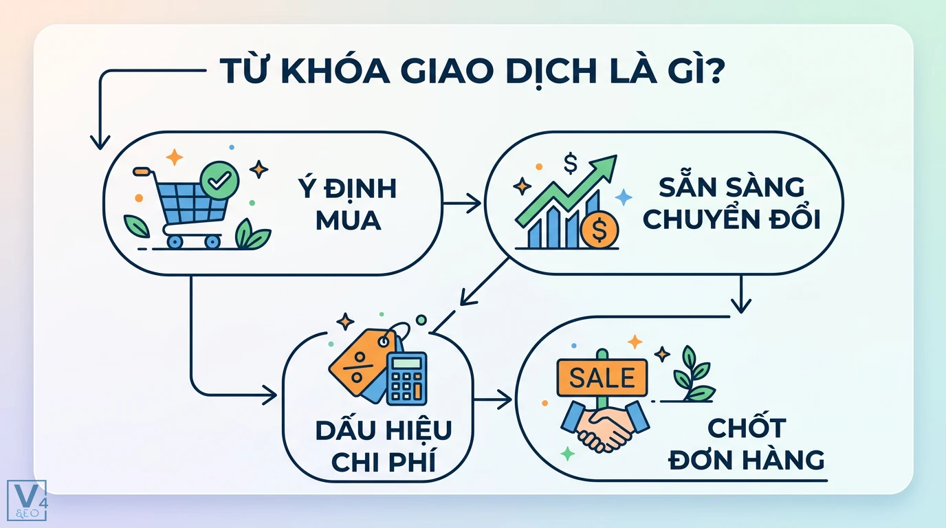 Từ khóa giao dịch là gì? Phân biệt với tạm khóa báo có cực chi tiết 1 Từ khóa giao dịch thể hiện ý định mua, sự sẵn sàng chuyển đổi, dấu hiệu chi phí và giai đoạn chốt đơn hàng trong hành trình khách hàng
