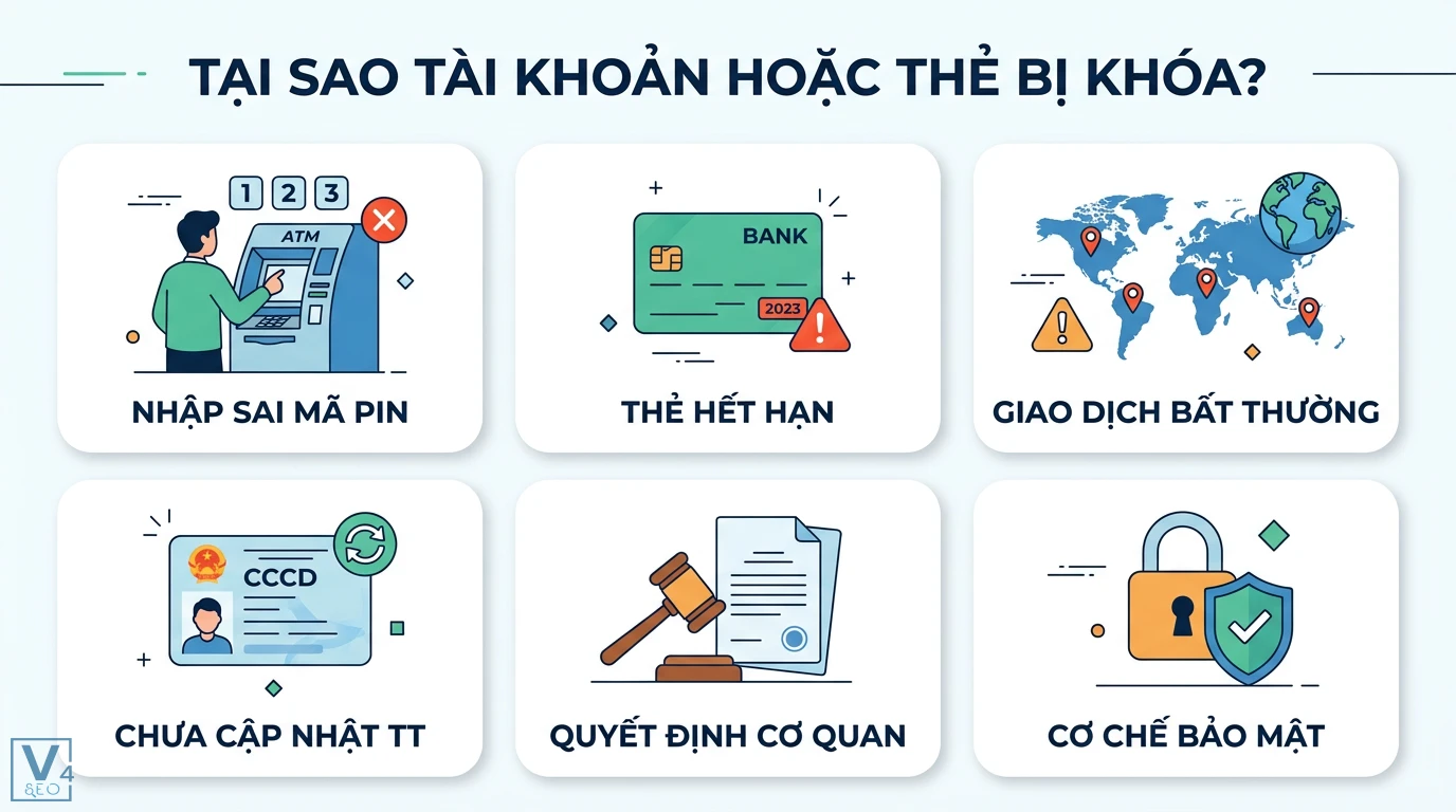 Từ khóa giao dịch là gì? Phân biệt với tạm khóa báo có cực chi tiết 2 Nguyên nhân tài khoản bị khóa do sai mã PIN, thẻ hết hạn, giao dịch bất thường, chưa cập nhật CCCD, quyết định cơ quan và cơ chế bảo mật