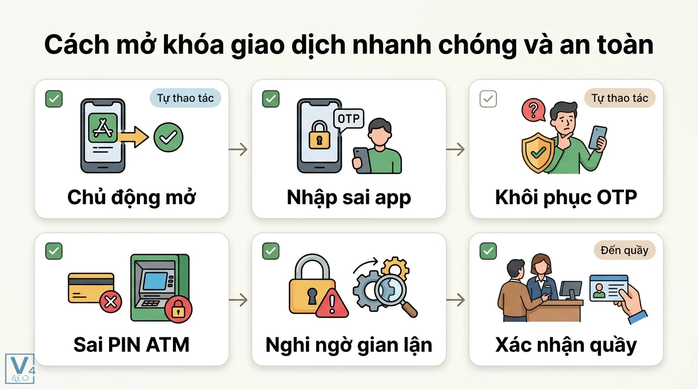 Từ khóa giao dịch là gì? Phân biệt với tạm khóa báo có cực chi tiết 3 Cách mở khóa giao dịch khi nhập sai app, khôi phục OTP, lỗi PIN ATM hoặc nghi ngờ gian lận bằng tự thao tác hoặc tại quầy giao dịch
