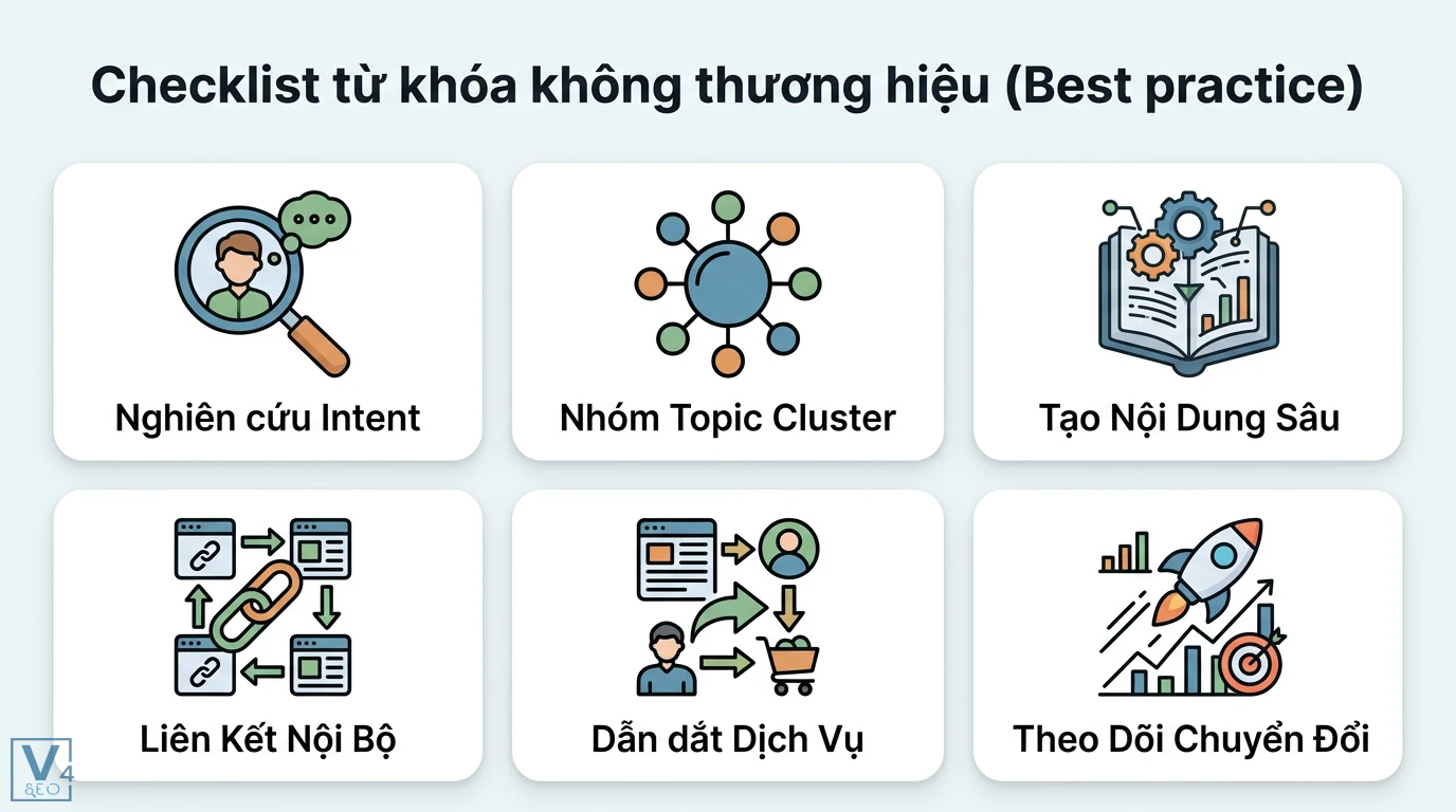 Từ khóa không thương hiệu là gì? Cách thu hút khách hàng mới 3 Checklist từ khóa không thương hiệu gồm nghiên cứu intent, nhóm topic cluster, nội dung sâu, liên kết nội bộ, dẫn dắt dịch vụ và chuyển đổi