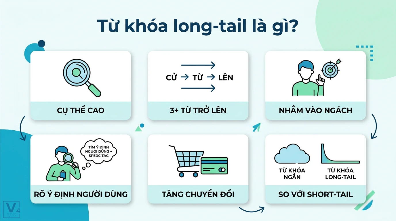 Từ khóa long-tail là gì? Quy trình 5 bước tìm kiếm và tối ưu SEO 1 Từ khóa long-tail có tính cụ thể cao, gồm 3 từ trở lên, nhắm vào ngách giúp rõ ý định người dùng và tăng chuyển đổi so với từ khóa short-tail