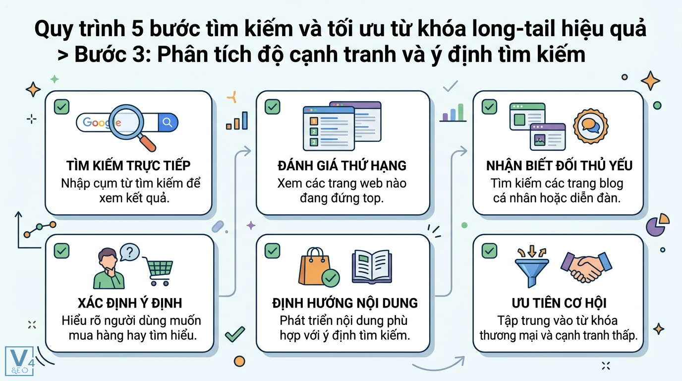Từ khóa long-tail là gì? Quy trình 5 bước tìm kiếm và tối ưu SEO 2 Phân tích độ cạnh tranh và ý định tìm kiếm từ khóa long-tail qua việc đánh giá thứ hạng, nhận diện đối thủ và định hướng nội dung phù hợp