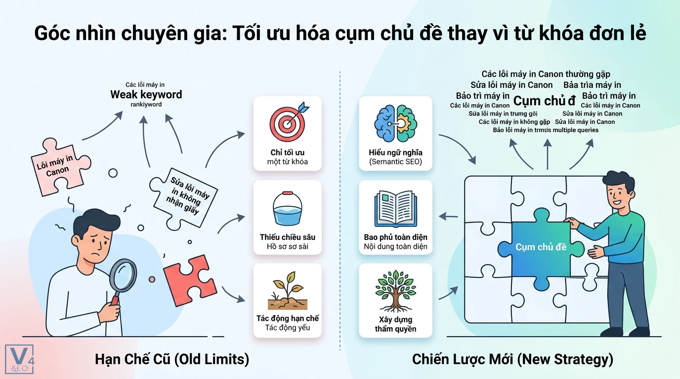Từ khóa long-tail là gì? Quy trình 5 bước tìm kiếm và tối ưu SEO 3 Tối ưu hóa cụm chủ đề thay vì từ khóa đơn lẻ giúp bao phủ toàn diện nội dung và xây dựng thẩm quyền chuyên môn theo chiến lược Semantic SEO