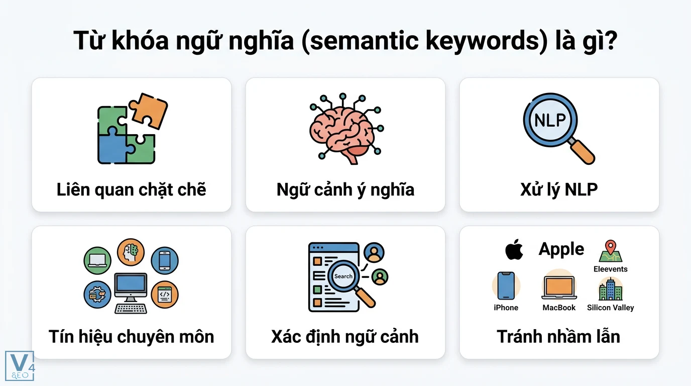 Từ khóa ngữ nghĩa là gì? Cách dùng AI tìm Semantic Keywords 2026 1 Từ khóa ngữ nghĩa giúp xác định ngữ cảnh qua xử lý NLP và tín hiệu chuyên môn để Google nhận diện chính xác thực thể và tránh nhầm lẫn