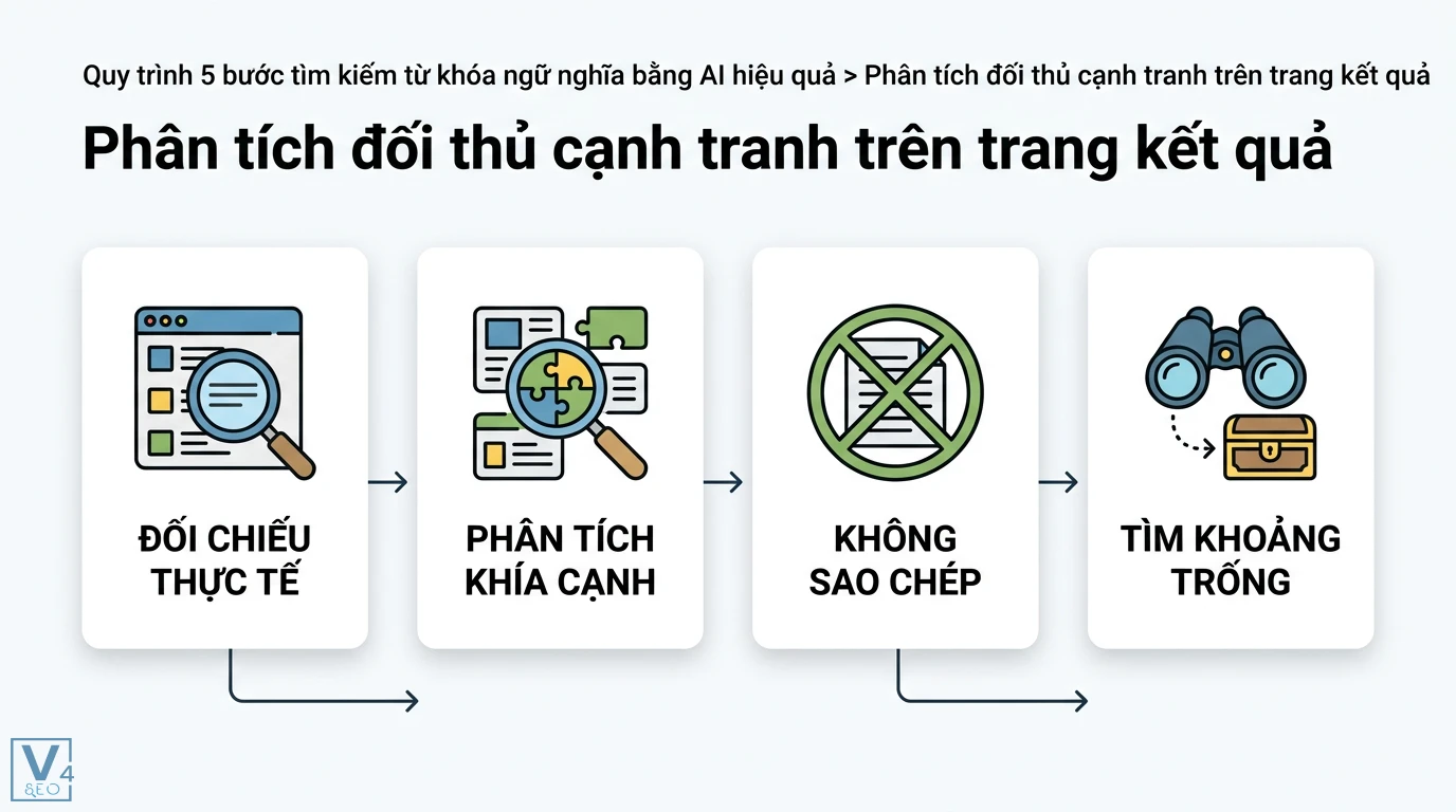 Từ khóa ngữ nghĩa là gì? Cách dùng AI tìm Semantic Keywords 2026 2 Phân tích đối thủ cạnh tranh trên trang kết quả gồm đối chiếu thực tế, phân tích khía cạnh, không sao chép và tìm kiếm khoảng trống nội dung
