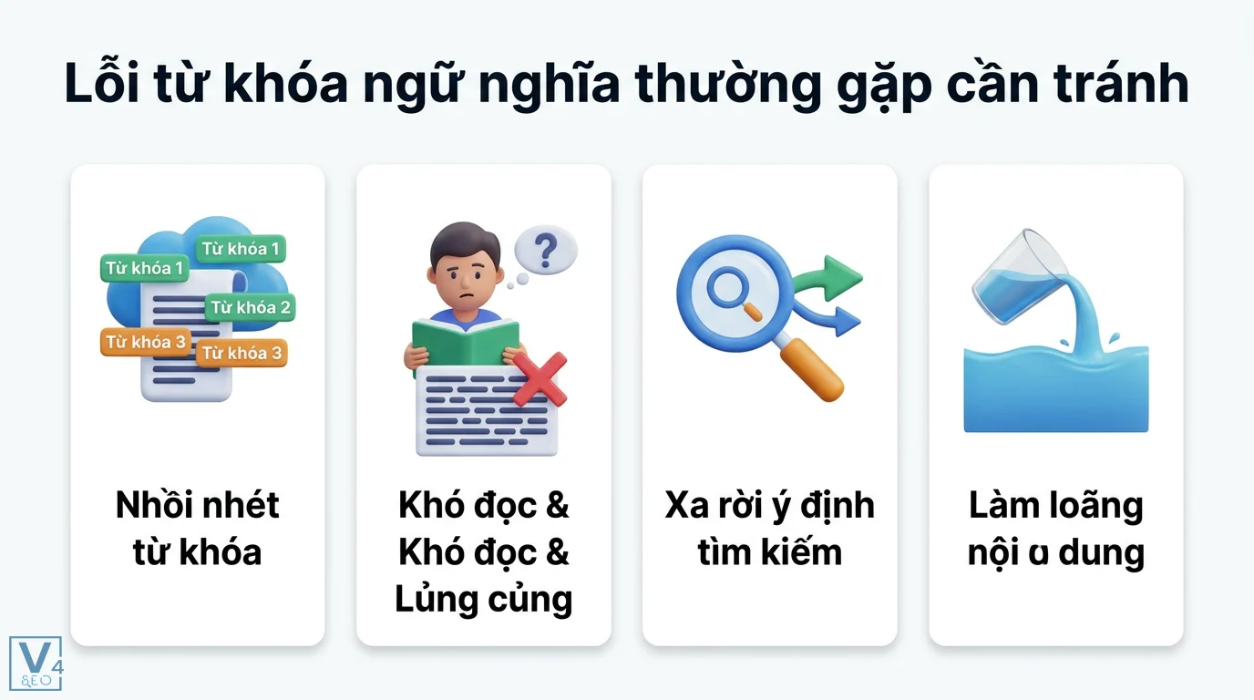 Từ khóa ngữ nghĩa là gì? Cách dùng AI tìm Semantic Keywords 2026 3 Lỗi từ khóa ngữ nghĩa thường gặp gồm nhồi nhét từ khóa, nội dung khó đọc lủng củng, xa rời ý định tìm kiếm và làm loãng chủ đề trang web
