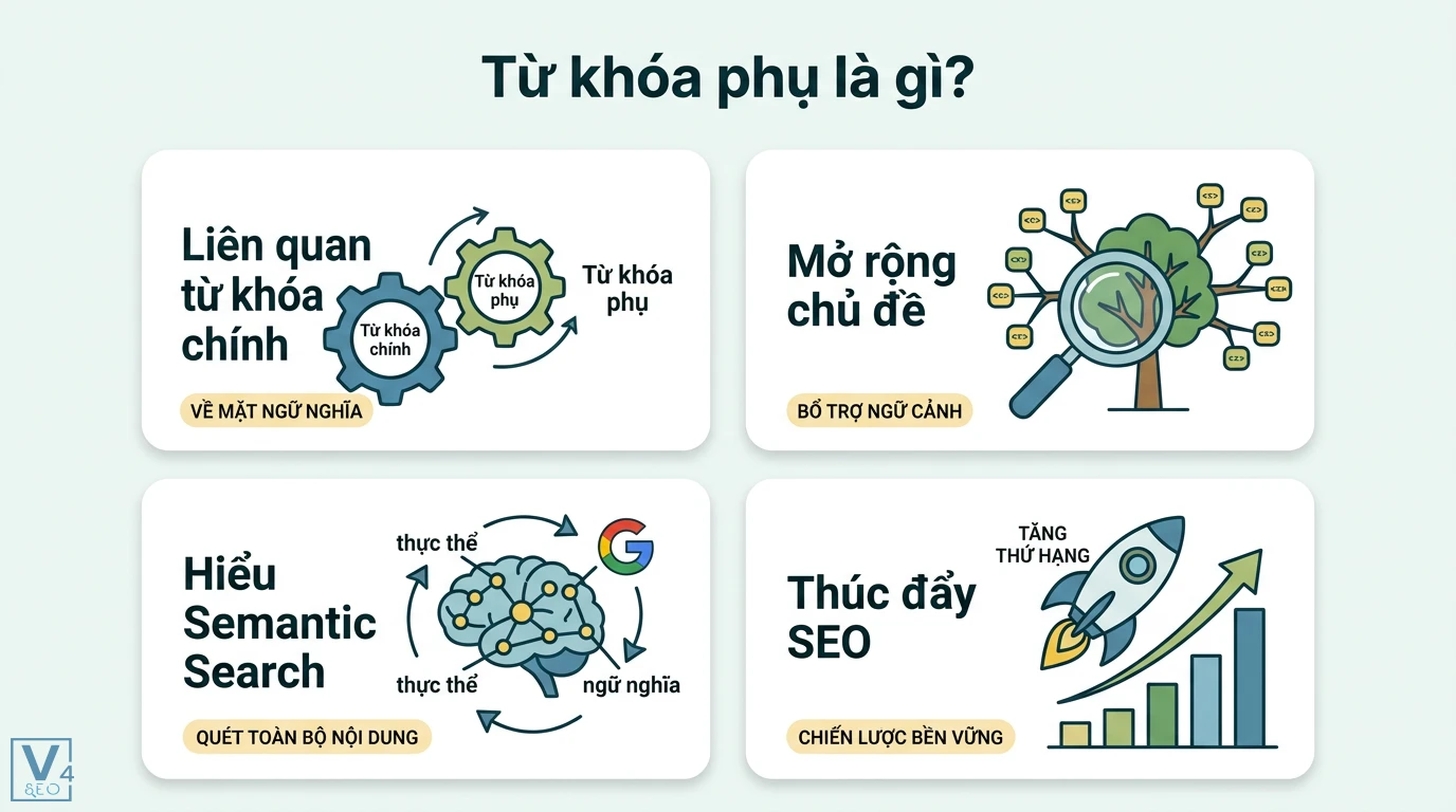 Từ khóa phụ là gì? Cách dùng Semantic Clustering tối ưu SEO 2025 1 Từ khóa phụ bổ trợ ngữ cảnh cho từ khóa chính giúp mở rộng chủ đề, tối ưu Semantic Search và thúc đẩy tăng trưởng SEO bền vững