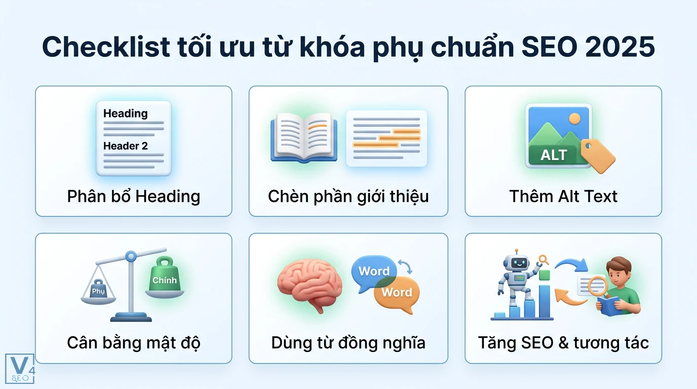 Từ khóa phụ là gì? Cách dùng Semantic Clustering tối ưu SEO 2025 3 Checklist tối ưu từ khóa phụ chuẩn SEO 2025 qua việc phân bổ heading, thêm alt text, cân bằng mật độ và sử dụng từ đồng nghĩa LSI