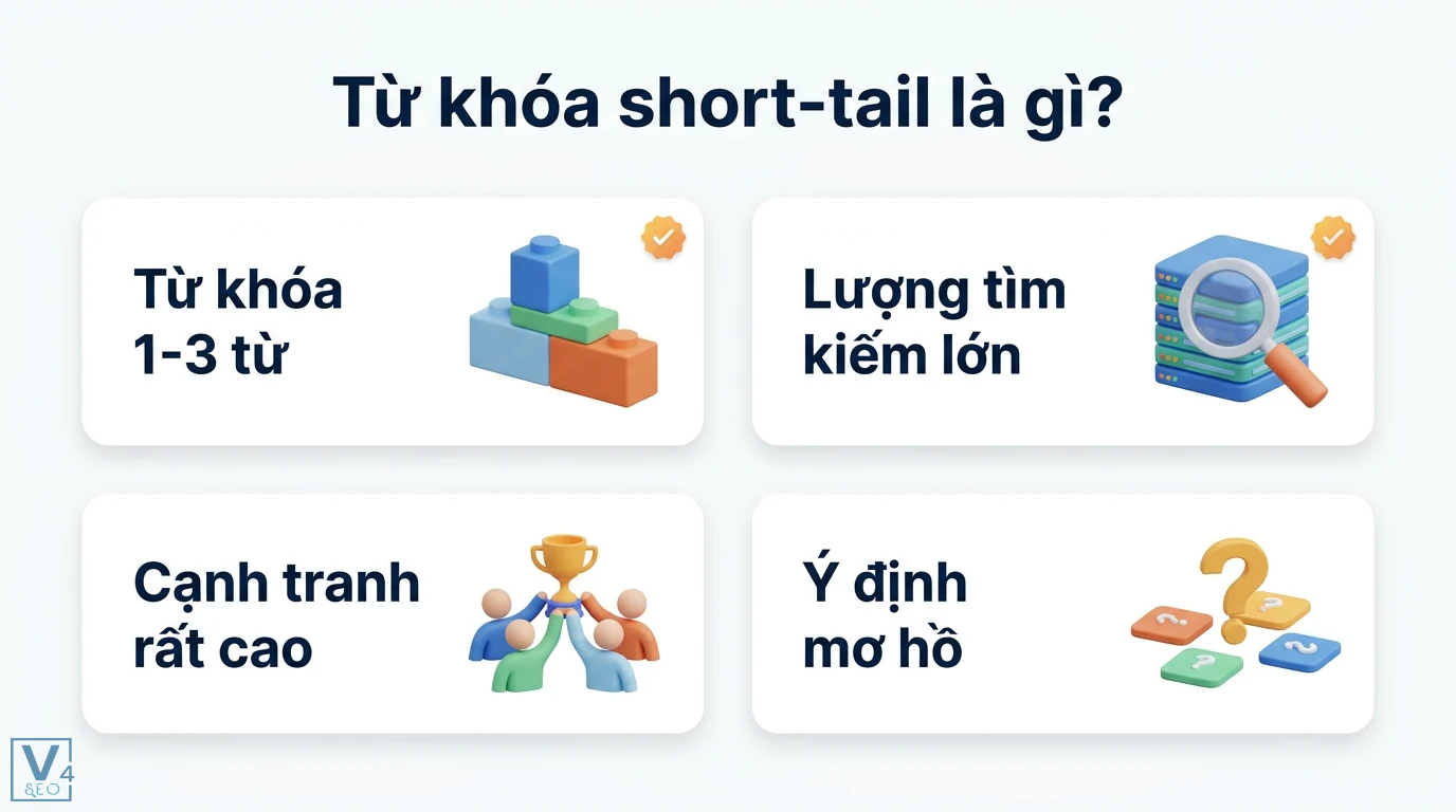 Từ khóa short-tail là gì? Cách cân bằng với long-tail hiệu quả 1 Từ khóa short-tail với đặc điểm độ dài 1-3 từ lượng tìm kiếm lớn mức độ cạnh tranh rất cao và ý định tìm kiếm của người dùng còn mơ hồ