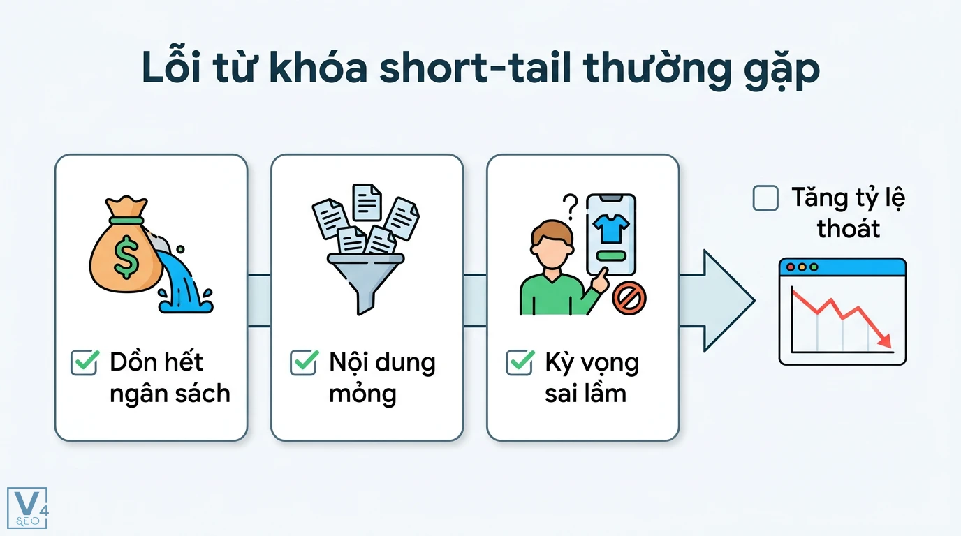 Từ khóa short-tail là gì? Cách cân bằng với long-tail hiệu quả 3 Lỗi từ khóa short-tail thường gặp gồm dồn hết ngân sách, nội dung mỏng và kỳ vọng sai lầm khiến website bị tăng tỷ lệ thoát trang