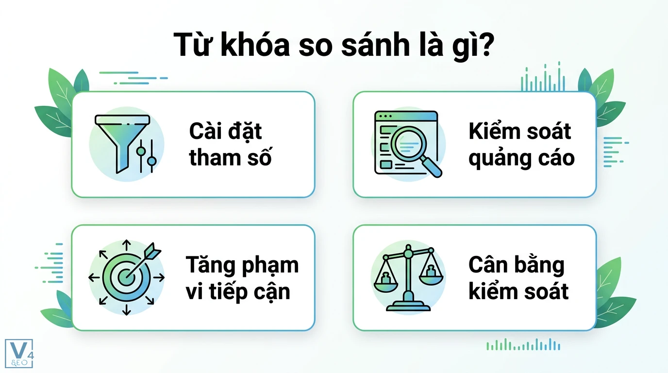 Từ khóa so sánh là gì? Cách chọn loại đối sánh Google Ads tối ưu 3 Từ khóa so sánh giúp cài đặt tham số và kiểm soát quảng cáo Google Ads nhằm tăng phạm vi tiếp cận khách hàng và cân bằng mức độ kiểm soát