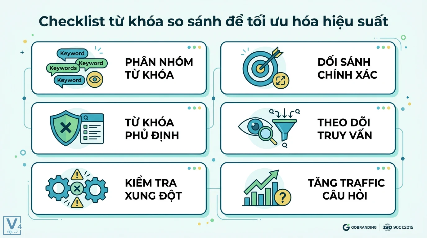 Từ khóa so sánh là gì? Cách chọn loại đối sánh Google Ads tối ưu 2 Checklist từ khóa so sánh tối ưu hiệu suất: phân nhóm, đối sánh chính xác, từ khóa phủ định, theo dõi truy vấn, xung đột, traffic câu hỏi