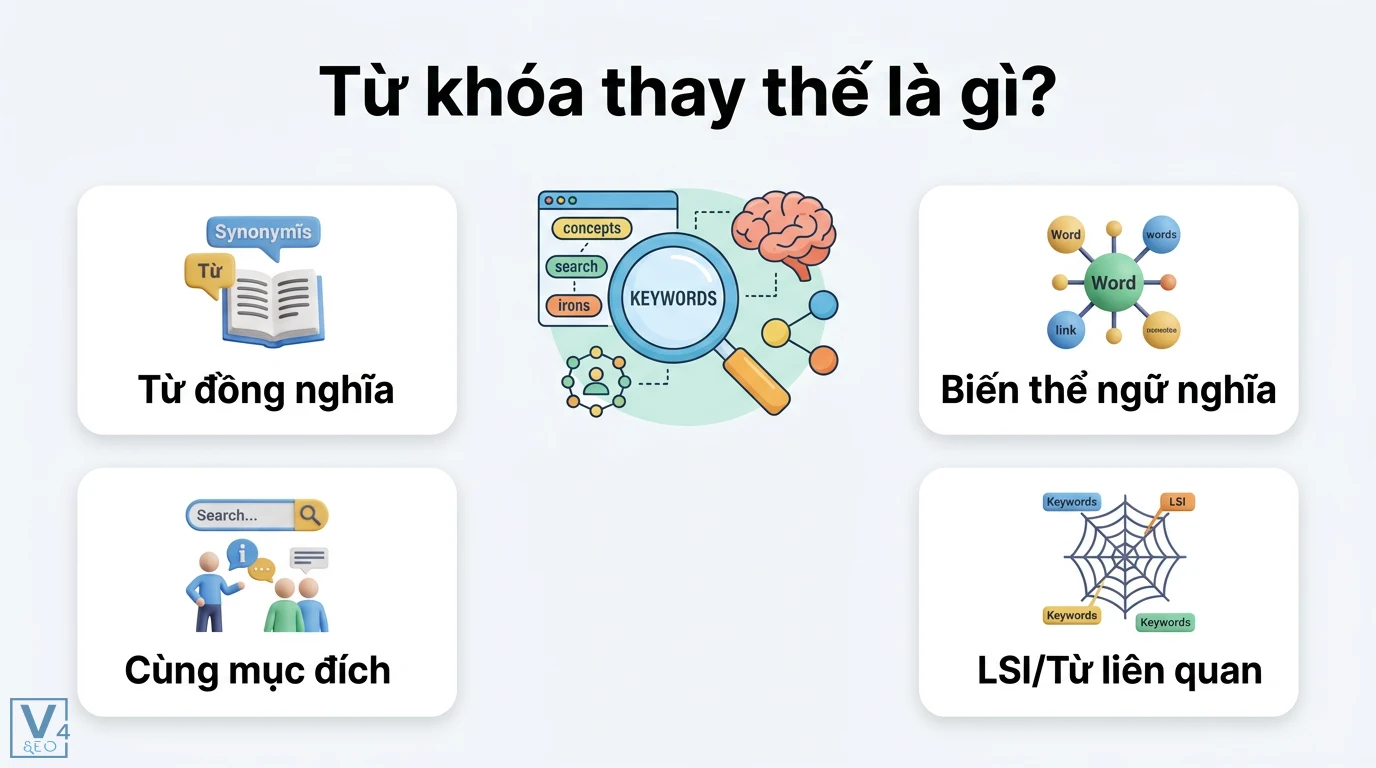 Từ khóa thay thế là gì? Cách dùng LSI và từ đồng nghĩa tối ưu SEO 1 Từ khóa thay thế gồm từ đồng nghĩa, biến thể ngữ nghĩa, cùng mục đích và từ khóa LSI giúp công cụ tìm kiếm hiểu rõ chủ đề nội dung SEO