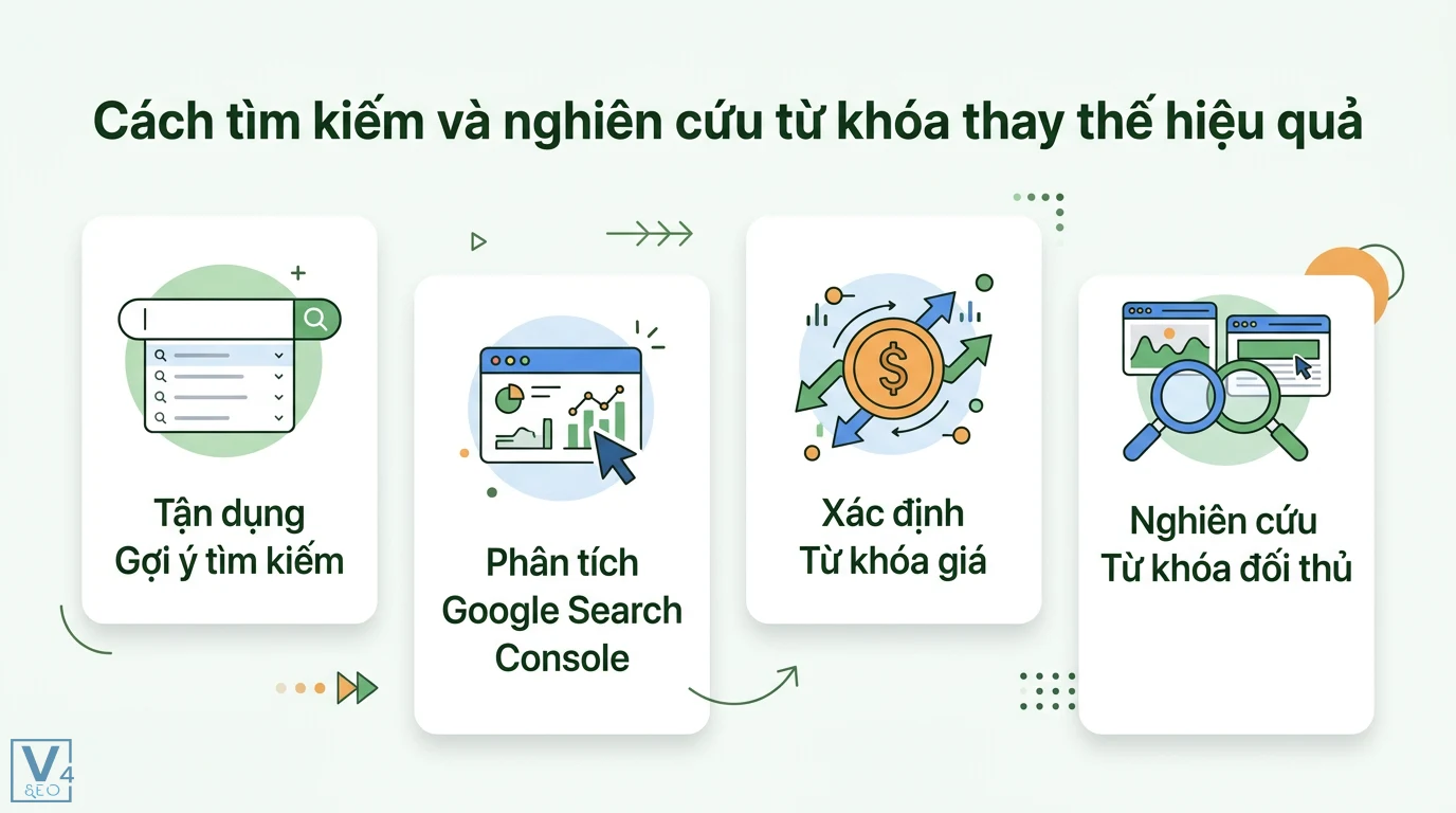 Từ khóa thay thế là gì? Cách dùng LSI và từ đồng nghĩa tối ưu SEO 2 Cách tìm kiếm và nghiên cứu từ khóa thay thế hiệu quả qua gợi ý tìm kiếm, Google Search Console, xác định từ khóa giá và nghiên cứu đối thủ