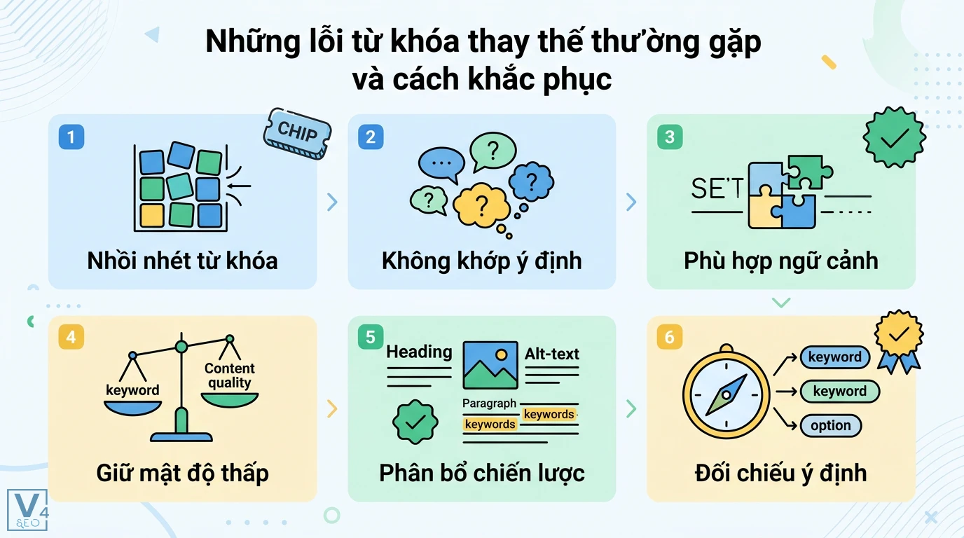 Từ khóa thay thế là gì? Cách dùng LSI và từ đồng nghĩa tối ưu SEO 3 Khắc phục lỗi nhồi nhét từ khóa thay thế qua việc phân bổ vào Heading và Alt-text kết hợp đối chiếu ý định tìm kiếm để cân bằng mật độ nội dung