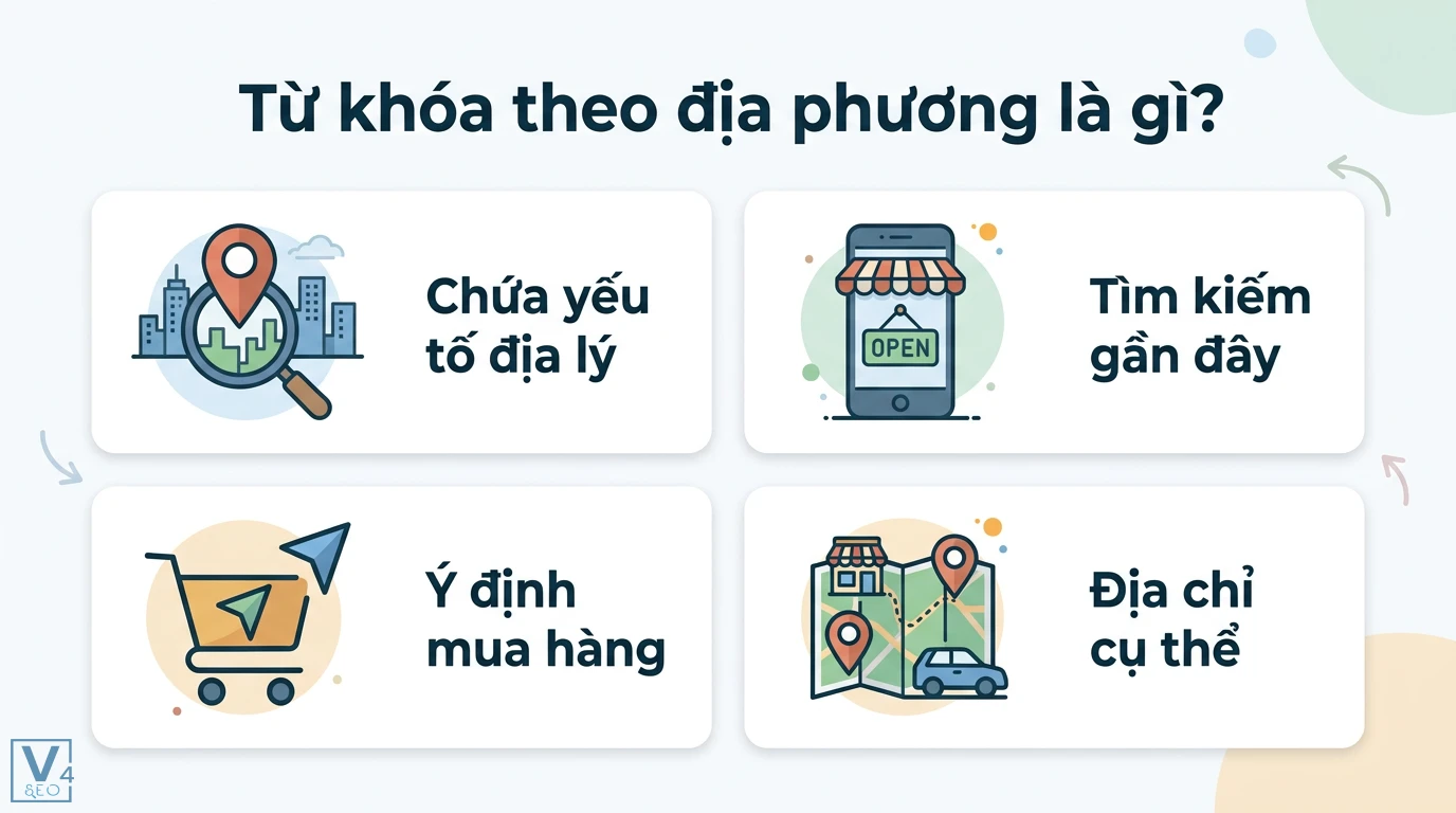 Từ khóa theo địa phương là gì? Ví dụ và cách tối ưu Local SEO mới 1 Từ khóa theo địa phương chứa yếu tố địa lý hỗ trợ tìm kiếm gần đây giúp phản ánh ý định mua hàng và xác định địa chỉ cụ thể