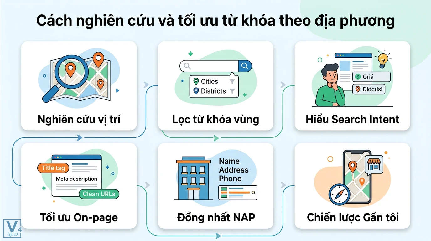 Từ khóa theo địa phương là gì? Ví dụ và cách tối ưu Local SEO mới 2 Nghiên cứu và tối ưu từ khóa địa phương qua lọc từ khóa vùng, Search Intent, tối ưu On-page, đồng nhất NAP và chiến lược từ khóa gần tôi