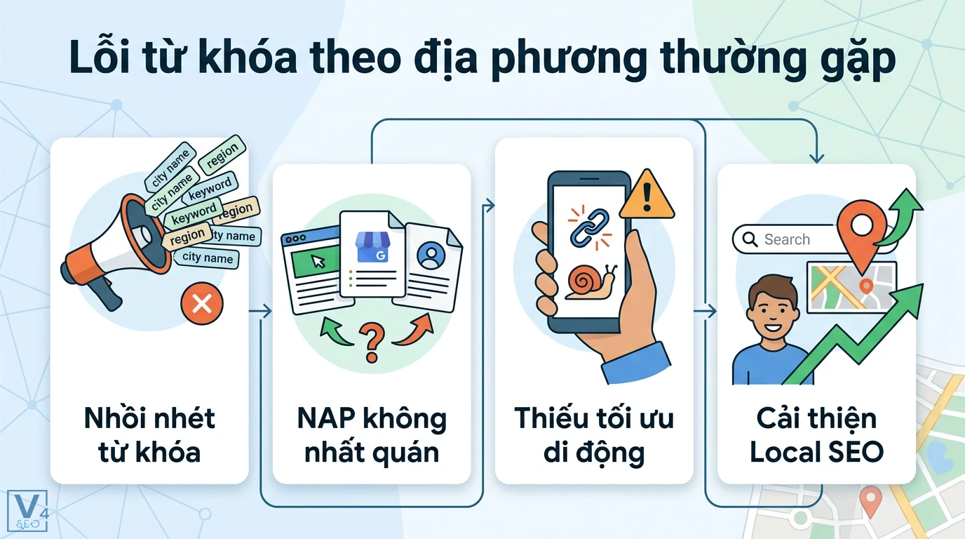 Từ khóa theo địa phương là gì? Ví dụ và cách tối ưu Local SEO mới 3 Lỗi từ khóa địa phương thường gặp gồm nhồi nhét từ khóa, NAP không nhất quán và thiếu tối ưu di động cần khắc phục để cải thiện Local SEO