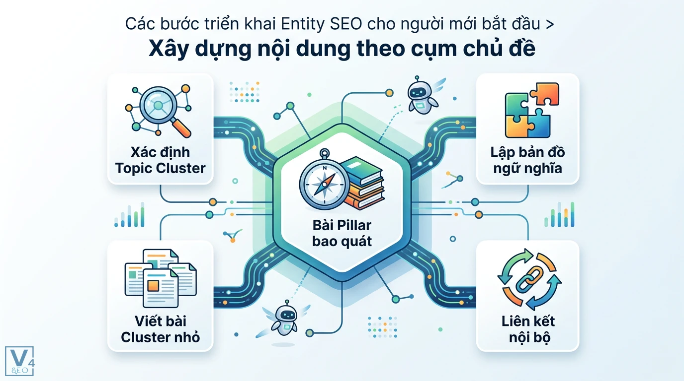 Từ khóa theo entity là gì? Cách tối ưu Semantic Search hiệu quả 2 Xây dựng Topic Cluster gồm bài Pillar bao quát kết nối các bài Cluster nhỏ bằng liên kết nội bộ giúp Google lập bản đồ ngữ nghĩa thực thể