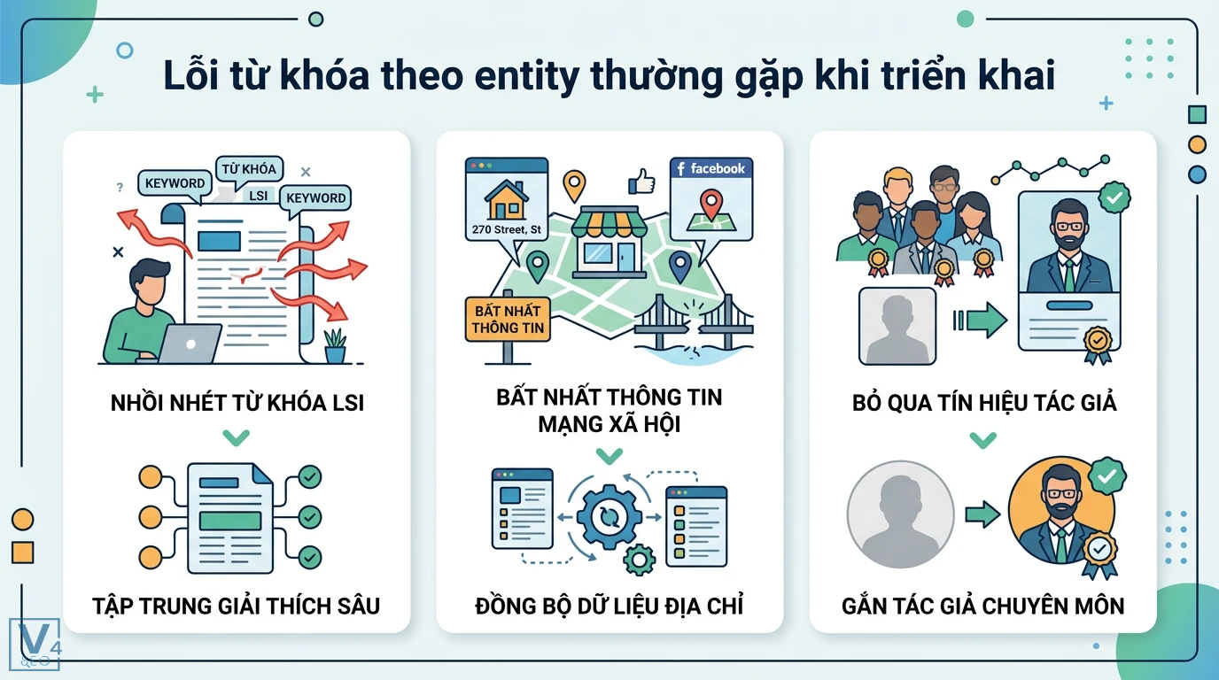Từ khóa theo entity là gì? Cách tối ưu Semantic Search hiệu quả 3 Lỗi từ khóa theo entity thường gặp gồm nhồi nhét LSI, bất nhất thông tin và thiếu tín hiệu tác giả cùng giải pháp tối ưu thực thể website