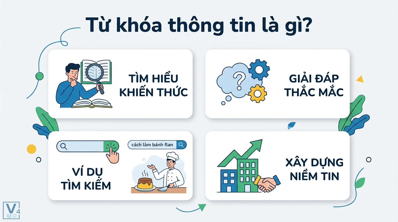 Từ khóa thông tin là gì? Cách chọn lọc và ví dụ theo hành trình SEO 3 Từ khóa thông tin giúp người dùng tìm hiểu kiến thức, giải đáp thắc mắc qua ví dụ cách làm bánh flan để xây dựng niềm tin cho website