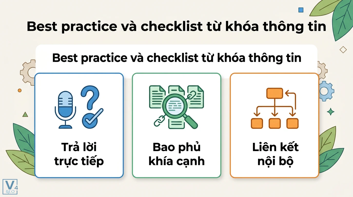 Từ khóa thông tin là gì? Cách chọn lọc và ví dụ theo hành trình SEO 2 Checklist từ khóa thông tin gồm trả lời trực tiếp câu hỏi, bao phủ khía cạnh nội dung và củng cố cấu trúc website qua liên kết nội bộ