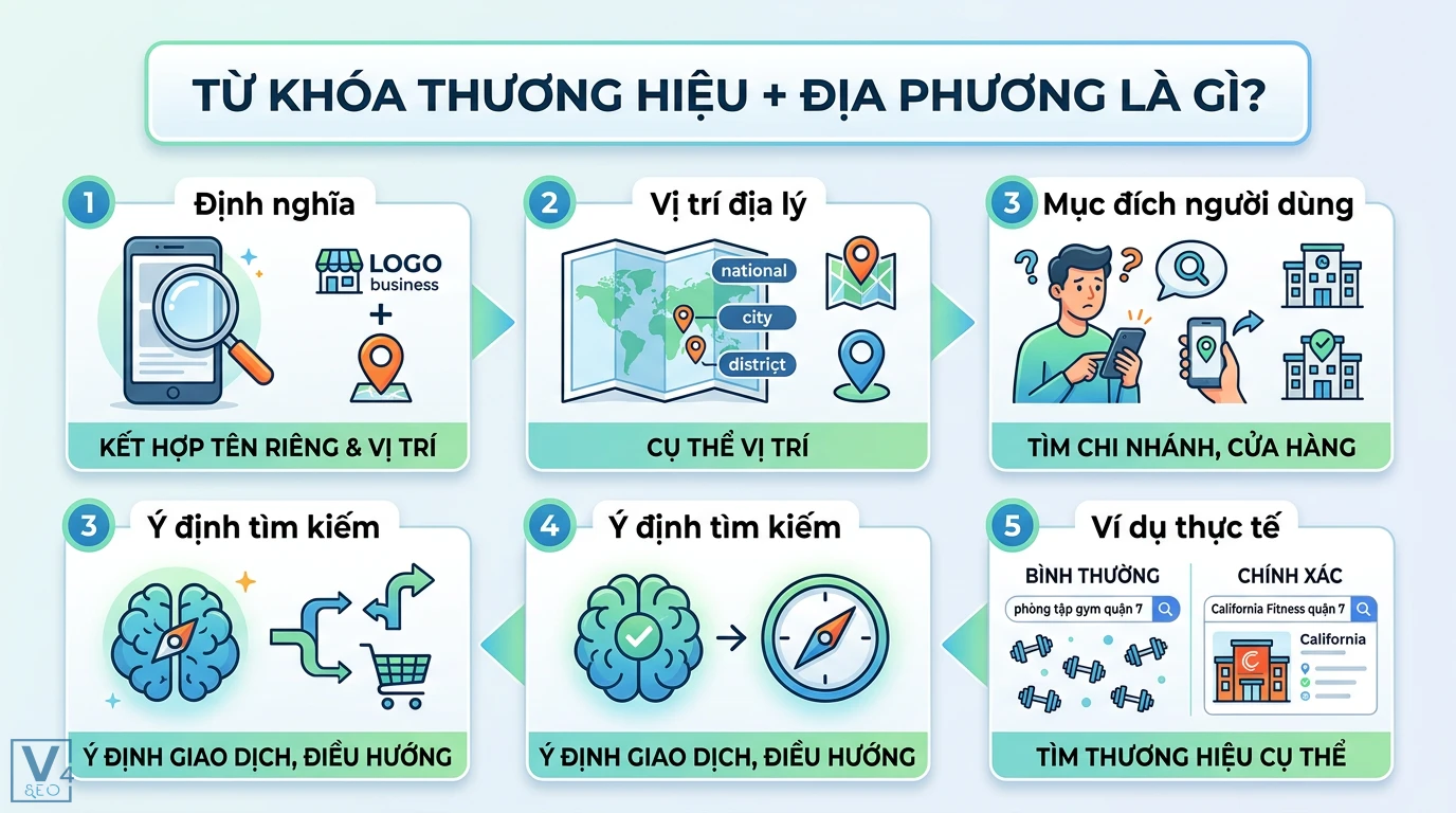 Từ khóa thương hiệu + địa phương là gì? Công thức Local SEO chuẩn 1 Từ khóa thương hiệu và địa phương kết hợp tên riêng và vị trí địa lý để người dùng tìm chính xác chi nhánh California Fitness tại Quận 7