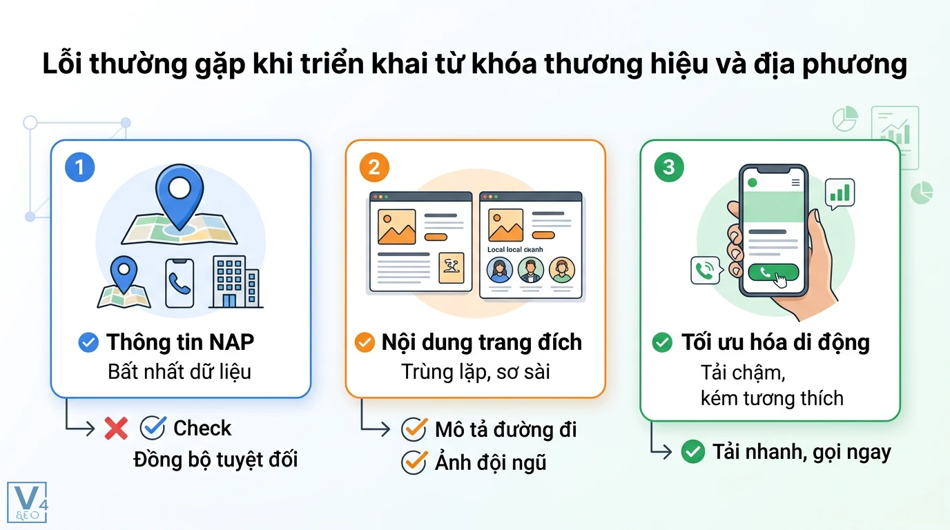 Từ khóa thương hiệu + địa phương là gì? Công thức Local SEO chuẩn 3 Lỗi SEO địa phương thường gặp như bất nhất NAP, nội dung trang đích trùng lặp và website di động tải chậm hoặc kém tương thích