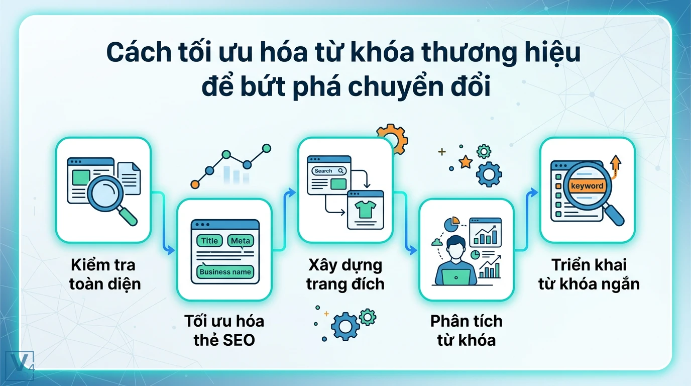 Từ khóa thương hiệu là gì? Chiến lược SEO giúp bứt phá chuyển đổi 2 Cách tối ưu hóa từ khóa thương hiệu qua các bước kiểm tra toàn diện, tối ưu thẻ SEO, xây dựng trang đích, phân tích và triển khai từ khóa ngắn