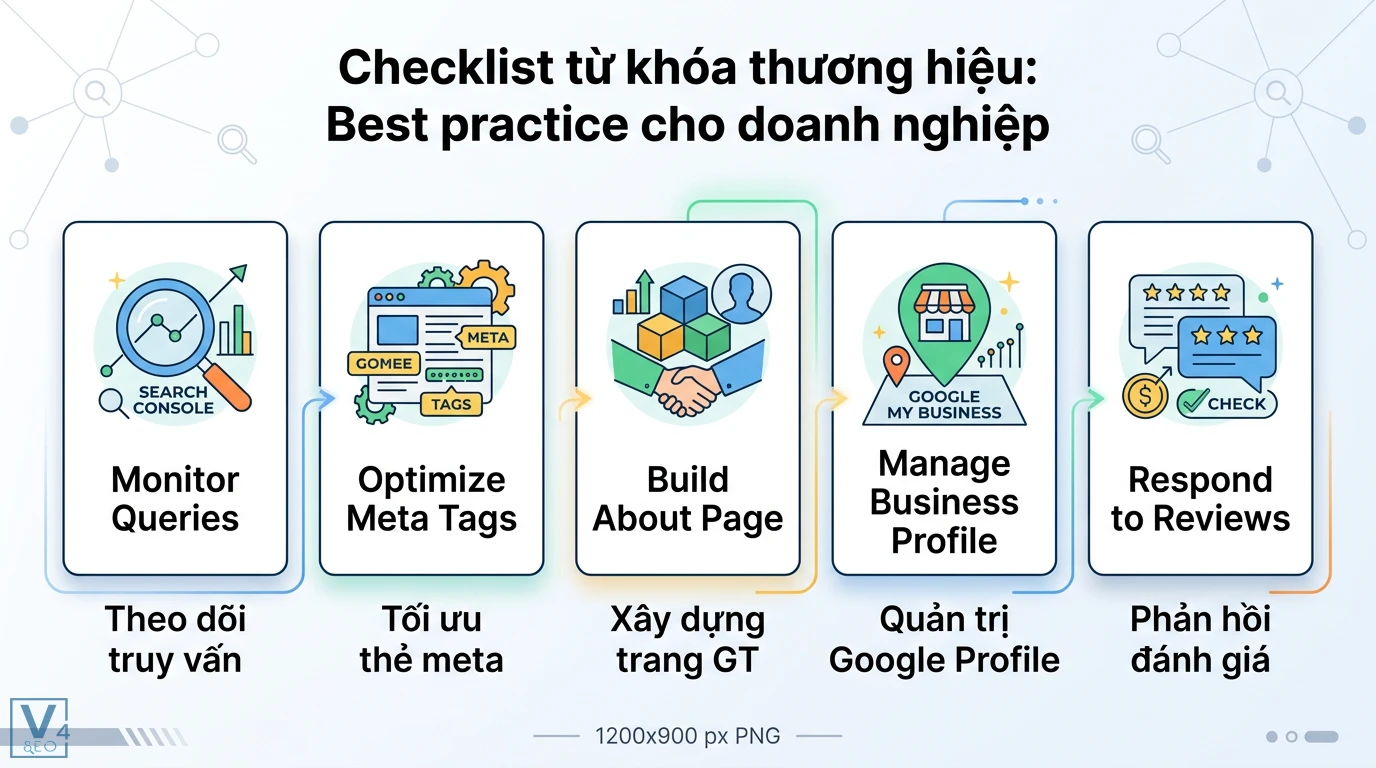 Từ khóa thương hiệu là gì? Chiến lược SEO giúp bứt phá chuyển đổi 3 Checklist từ khóa thương hiệu gồm theo dõi truy vấn, tối ưu thẻ meta, trang giới thiệu, quản trị Google Profile và phản hồi đánh giá