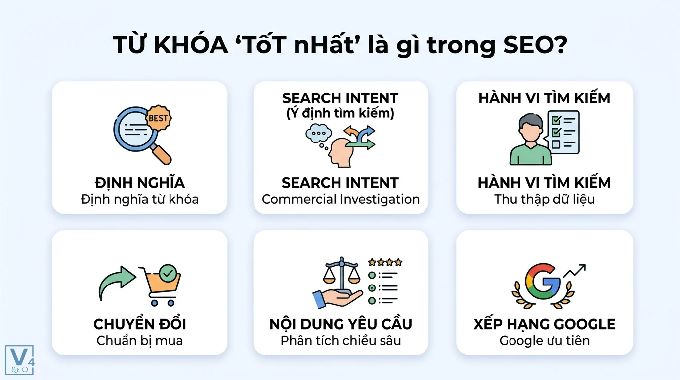 Từ khóa 'tốt nhất' là gì? Cách khai thác ý định mua hàng hiệu quả 1 Từ khóa tốt nhất trong SEO thể hiện ý định Commercial Investigation giúp thu thập dữ liệu và phân tích chiều sâu để tối ưu chuyển đổi