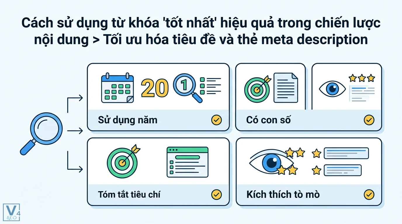 Từ khóa 'tốt nhất' là gì? Cách khai thác ý định mua hàng hiệu quả 2 Tối ưu hóa tiêu đề và thẻ meta description cho từ khóa tốt nhất bằng cách sử dụng năm, con số, tóm tắt tiêu chí và kích thích tò mò