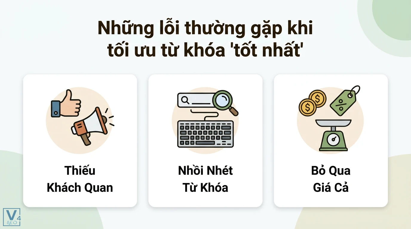 Từ khóa 'tốt nhất' là gì? Cách khai thác ý định mua hàng hiệu quả 3 Những lỗi khi tối ưu từ khóa tốt nhất gồm thiếu tính khách quan, nhồi nhét từ khóa gượng ép và bỏ qua yếu tố giá cả khi đánh giá sản phẩm