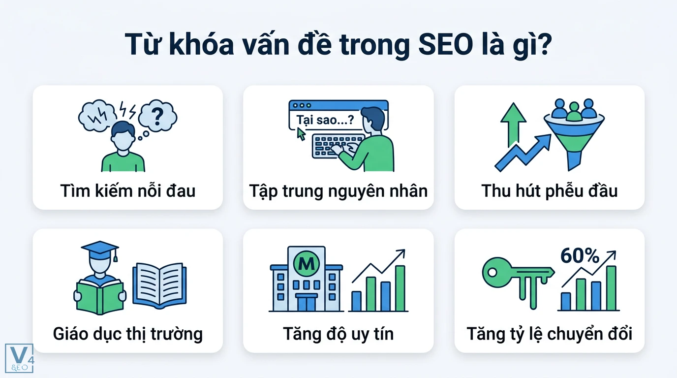 Từ khóa vấn đề là gì? Giải mã định nghĩa và cách ứng dụng thực tế 1 Từ khóa vấn đề trong SEO giúp tìm kiếm nỗi đau, tập trung nguyên nhân, thu hút phễu đầu, giáo dục thị trường, tăng độ uy tín và chuyển đổi