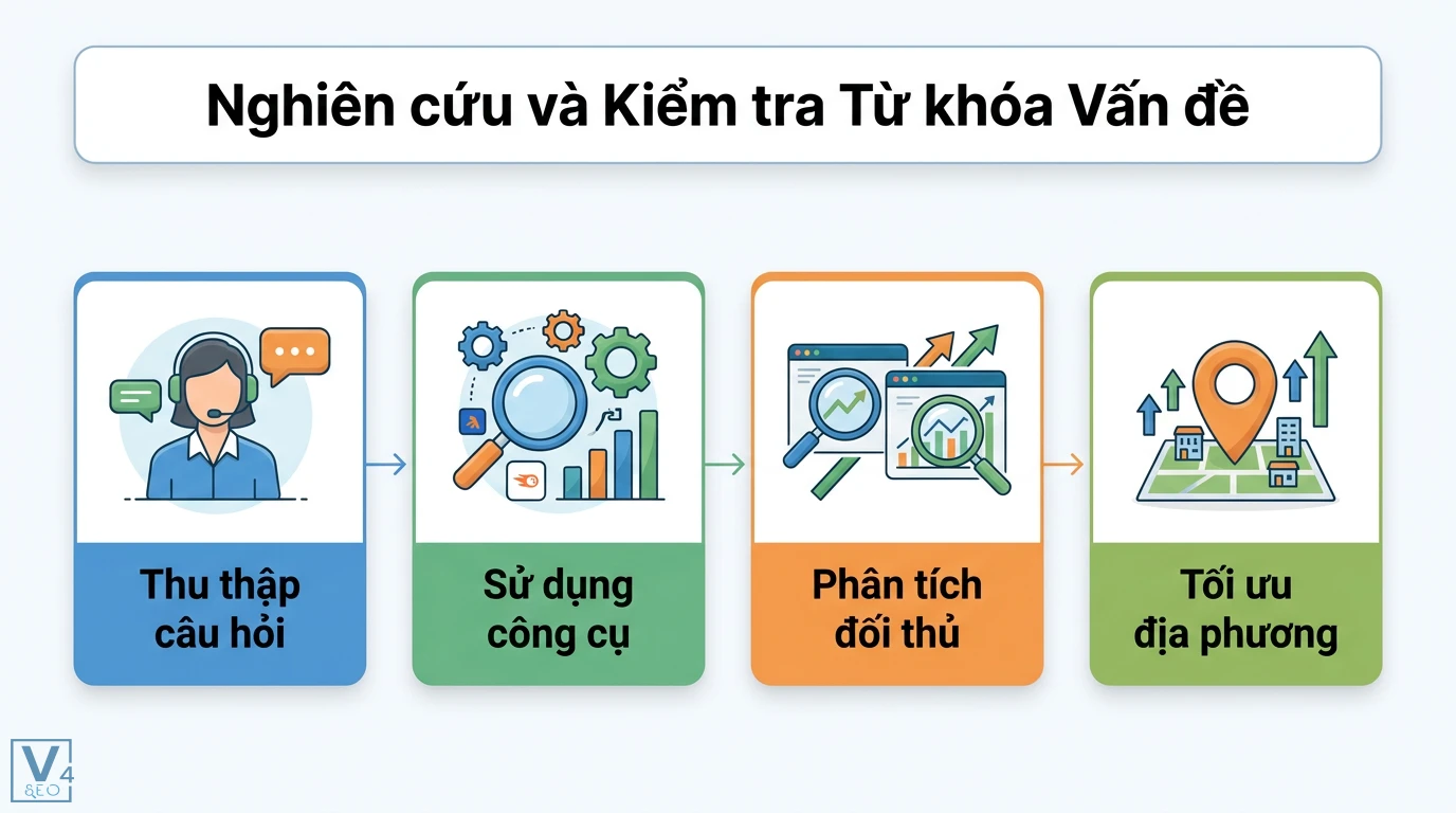 Từ khóa vấn đề là gì? Giải mã định nghĩa và cách ứng dụng thực tế 2 Nghiên cứu và kiểm tra từ khóa vấn đề qua bốn bước thu thập câu hỏi khách hàng, dùng công cụ SEO, phân tích đối thủ và tối ưu hóa địa phương