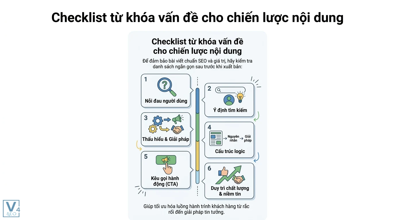 Từ khóa vấn đề là gì? Giải mã định nghĩa và cách ứng dụng thực tế 3 Checklist từ khóa vấn đề tối ưu chiến lược nội dung gồm nỗi đau người dùng, ý định tìm kiếm, cấu trúc logic, giải pháp và CTA hành động