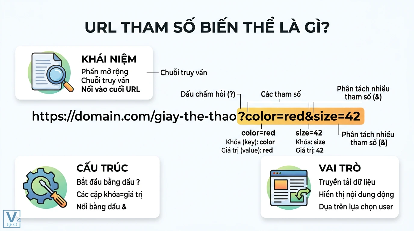 URL tham số biến thể là gì? Cách xử lý lỗi trùng lặp nội dung 1 URL tham số biến thể và cấu trúc chuỗi truy vấn gồm cặp khóa giá trị giúp truyền tải dữ liệu và hiển thị nội dung động cho website