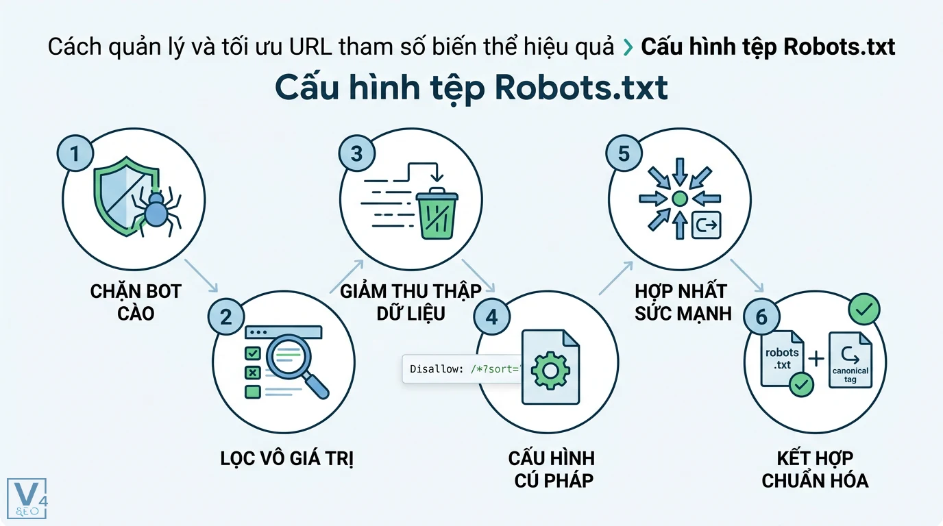 URL tham số biến thể là gì? Cách xử lý lỗi trùng lặp nội dung 2 Cấu hình tệp Robots.txt chặn bot cào tham số URL vô giá trị bằng cú pháp Disallow /*?sort= kết hợp thẻ canonical giúp hợp nhất sức mạnh liên kết