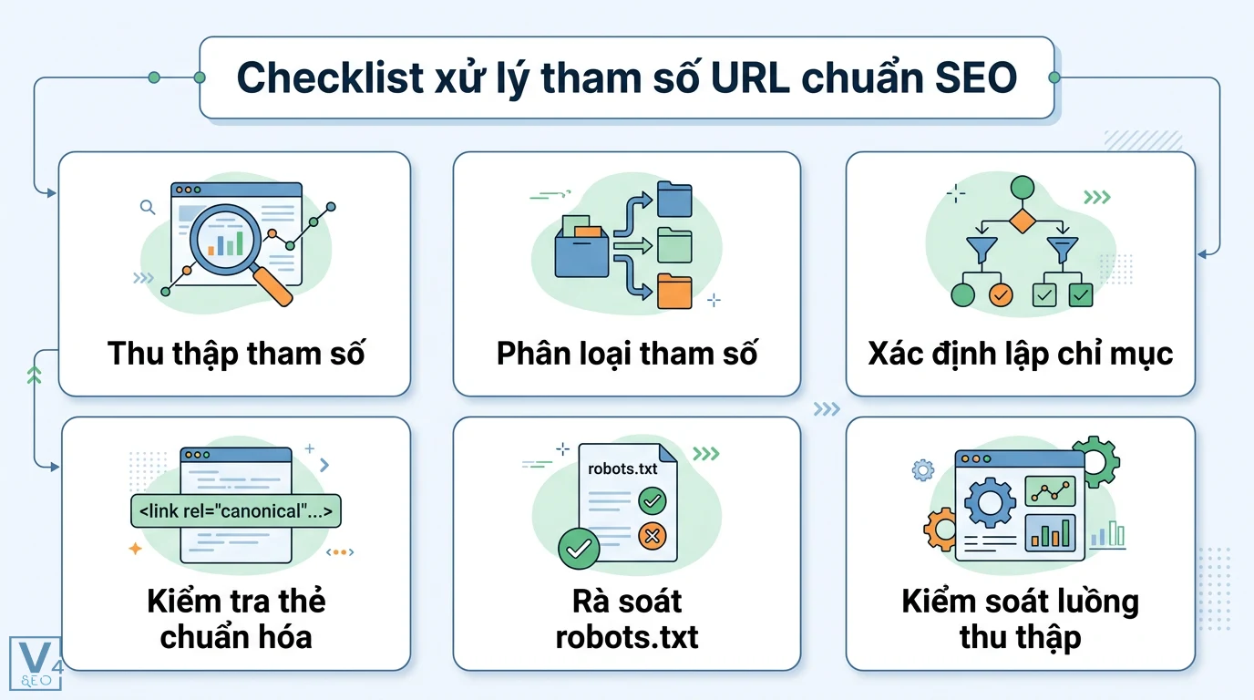 URL tham số biến thể là gì? Cách xử lý lỗi trùng lặp nội dung 3 Checklist xử lý tham số URL chuẩn SEO gồm thu thập, phân loại, lập chỉ mục, kiểm tra thẻ chuẩn hóa, rà soát robots.txt và kiểm soát thu thập