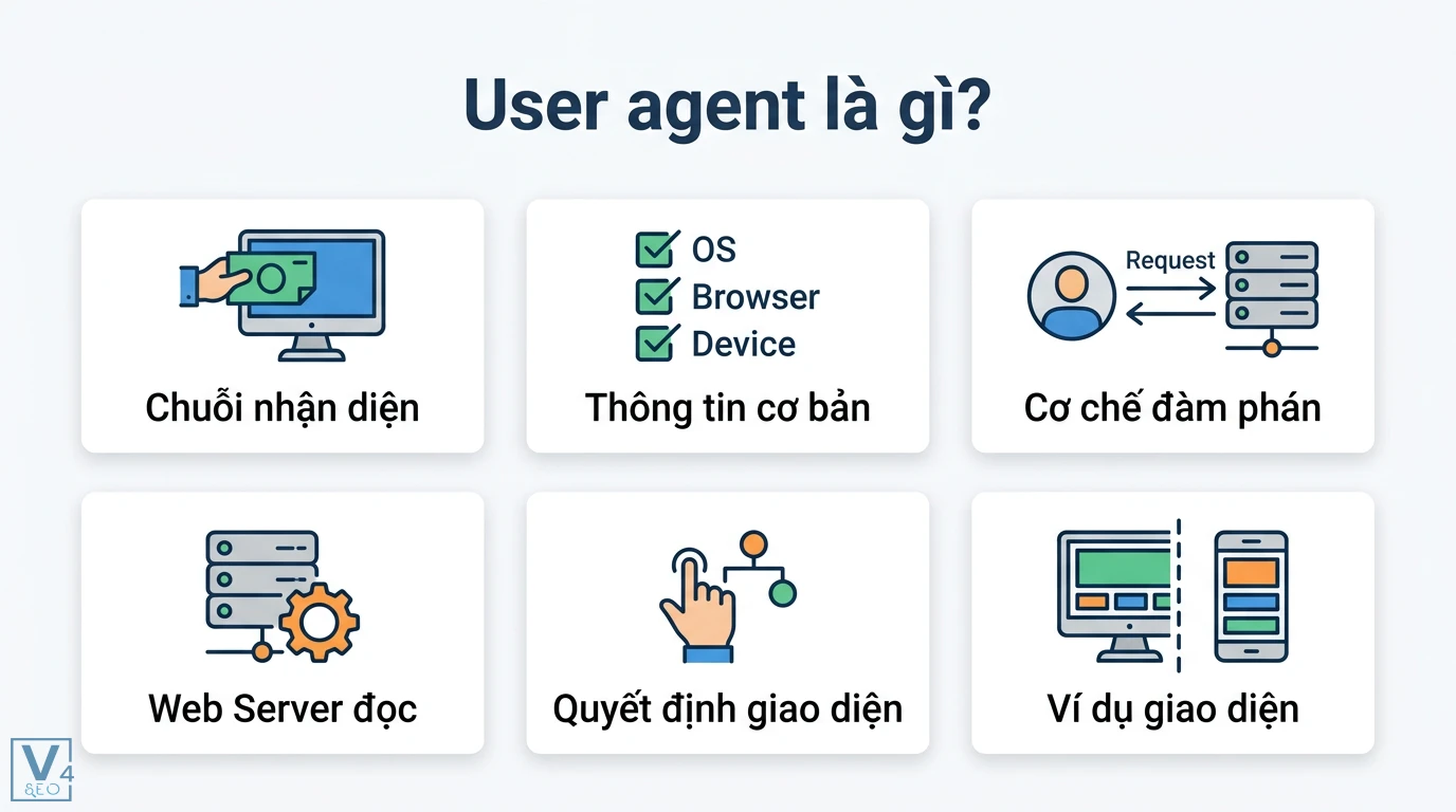 User-agent là gì? Hướng dẫn chi tiết về HTTP Header và Googlebot 1 User agent chứa thông tin OS, Browser, Device giúp Web Server đàm phán nội dung và quyết định hiển thị giao diện mobile hoặc desktop