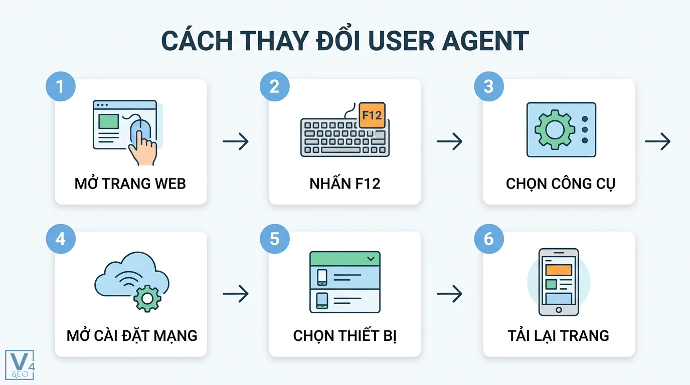 User-agent là gì? Hướng dẫn chi tiết về HTTP Header và Googlebot 2 Cách thay đổi user agent trên trình duyệt qua các bước nhấn F12, mở cài đặt Network conditions, chọn thiết bị giả lập và tải lại trang