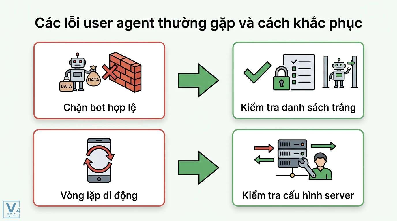 User-agent là gì? Hướng dẫn chi tiết về HTTP Header và Googlebot 3 Cách xử lý các lỗi user agent thường gặp như chặn bot hợp lệ và vòng lặp di động bằng kiểm tra danh sách trắng hoặc cấu hình máy chủ