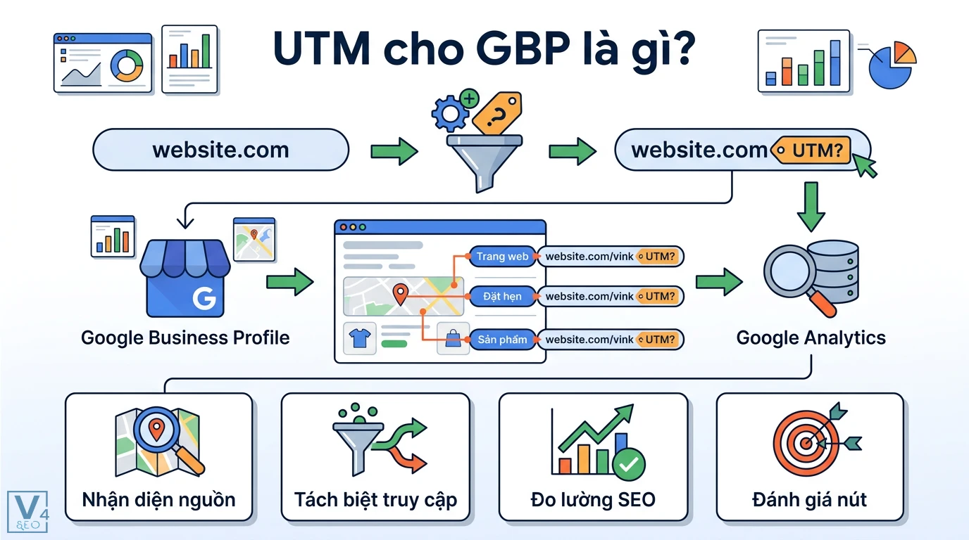 UTM cho GBP là gì? Cách cài đặt và đo lường traffic hiệu quả nhất 1 UTM cho GBP giúp nhận diện nguồn truy cập, tách biệt dữ liệu, đo lường SEO và đánh giá hiệu quả các nút bấm trên Google Business Profile