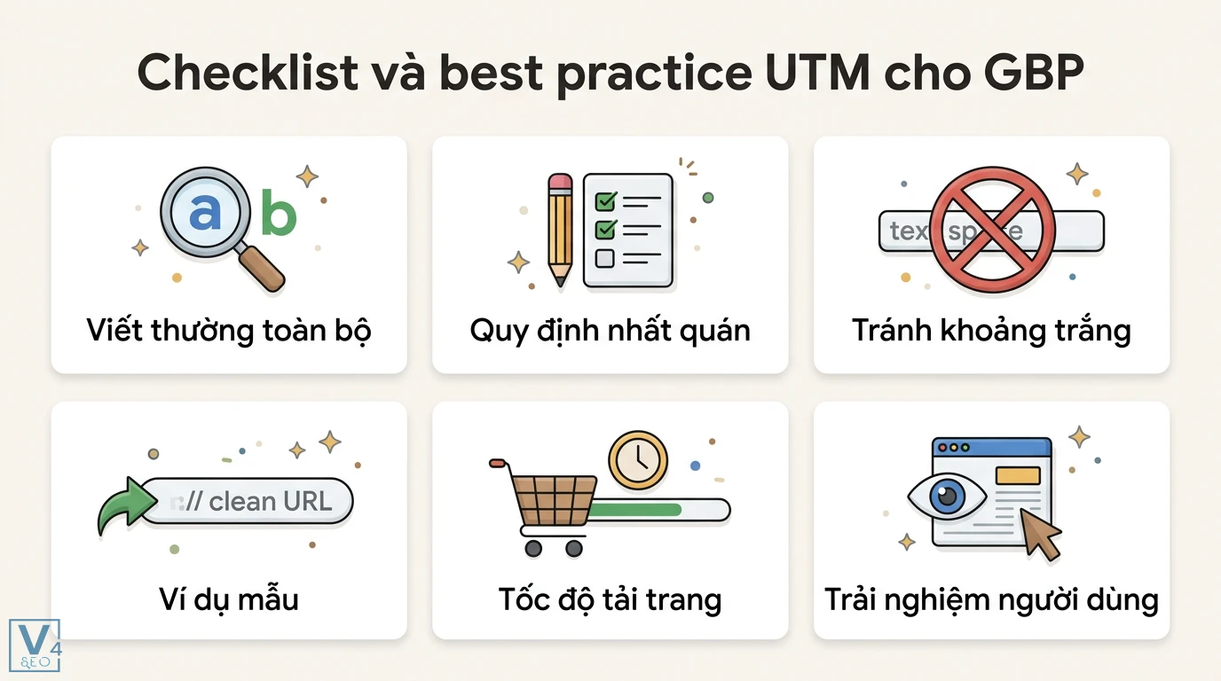 UTM cho GBP là gì? Cách cài đặt và đo lường traffic hiệu quả nhất 2 Checklist UTM cho GBP gồm viết thường toàn bộ, quy định nhất quán, tránh khoảng trắng, ví dụ mẫu, tốc độ tải trang và trải nghiệm người dùng